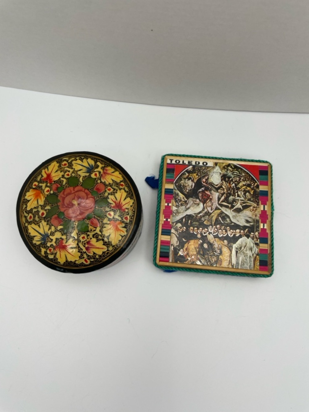 Hand-Painted Floral Round Trinket Box and matchbox holder vintage from India ?